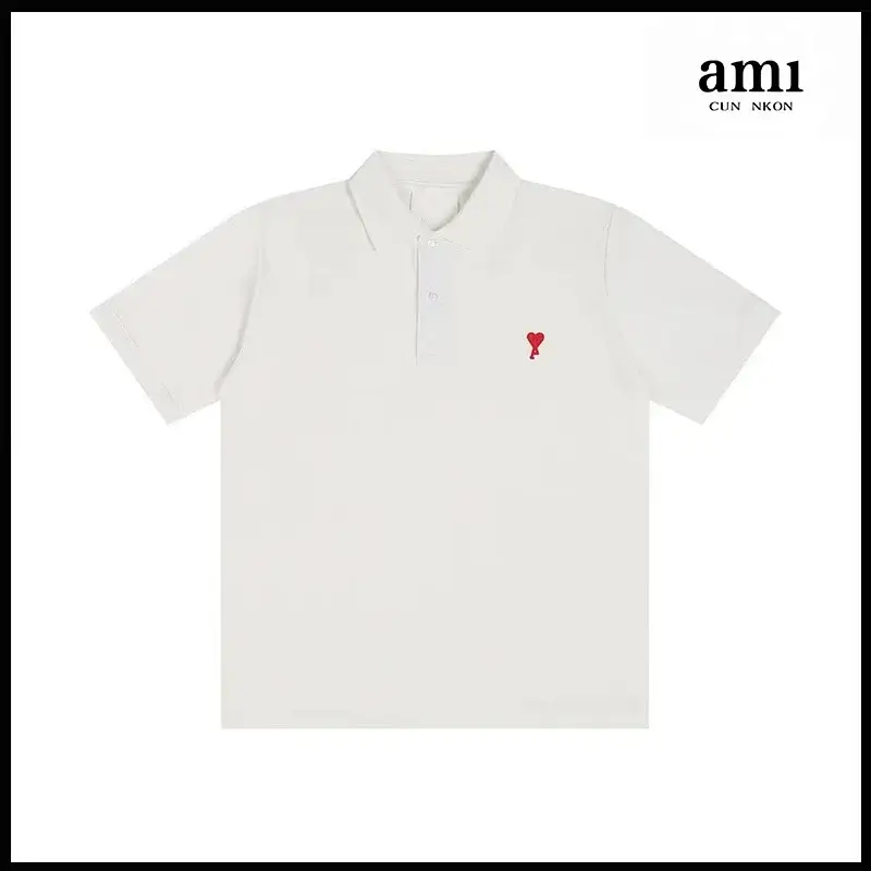 Ami White Polo Shirt with Red Heart Embroidery