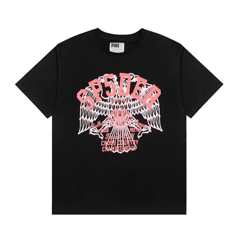SP5DER Black T - Shirt with Pink Eagle & Text Graphic