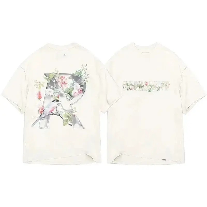 RUIDESCENT White Oversize T-Shirt Floral Bird Print