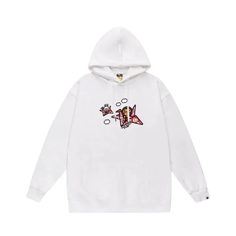 BAPE White Hoodie with Cartoon Paper Plane (Ape & Rabbit) Graphic