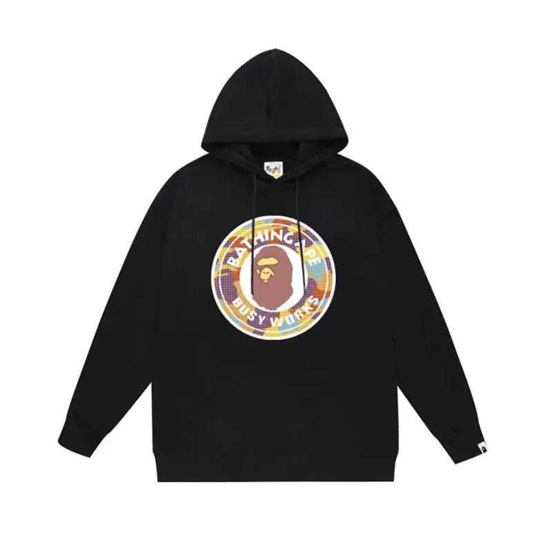 BAPE Black Hoodie with Colorful Camo Circle, Ape Head Logo & "BATHING APE" "BUSY WORKS" Print