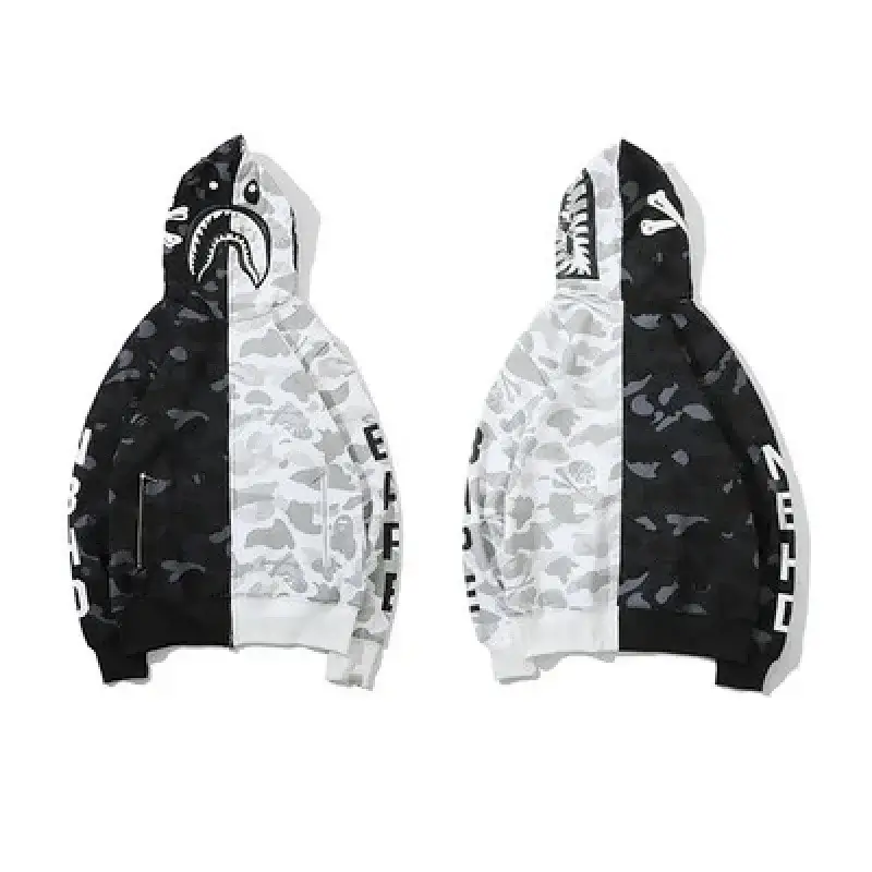 BAPE Black White Camouflage Split Shark Head Hooded Zipper Jacket