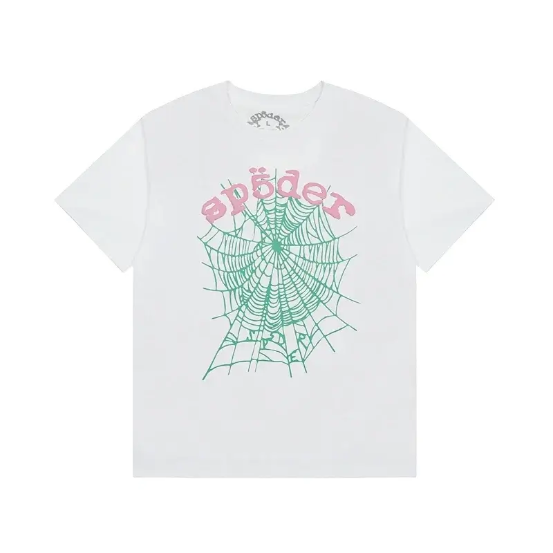 Sp5der White T - Shirt with Green Spider Web & Pink "spöder" Graphic