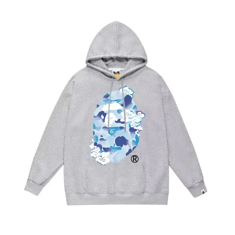 BAPE Gray Hoodie with Blue-White Camouflage Cloud Pattern