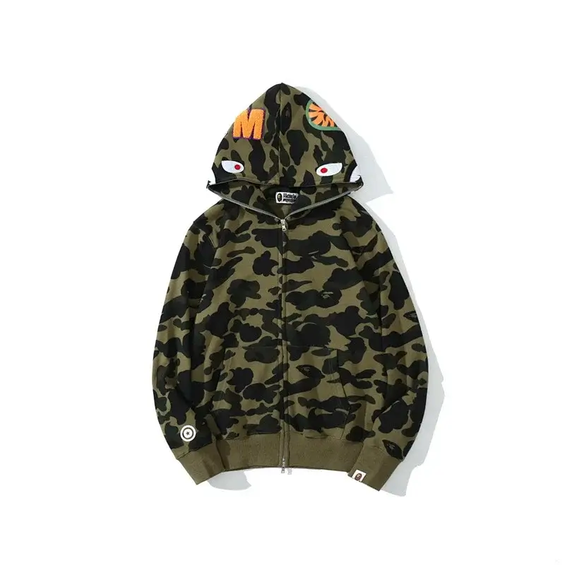 BAPE Olive Green Camouflage Hooded Zip - Up Sweatshirt with Eye & M Logo