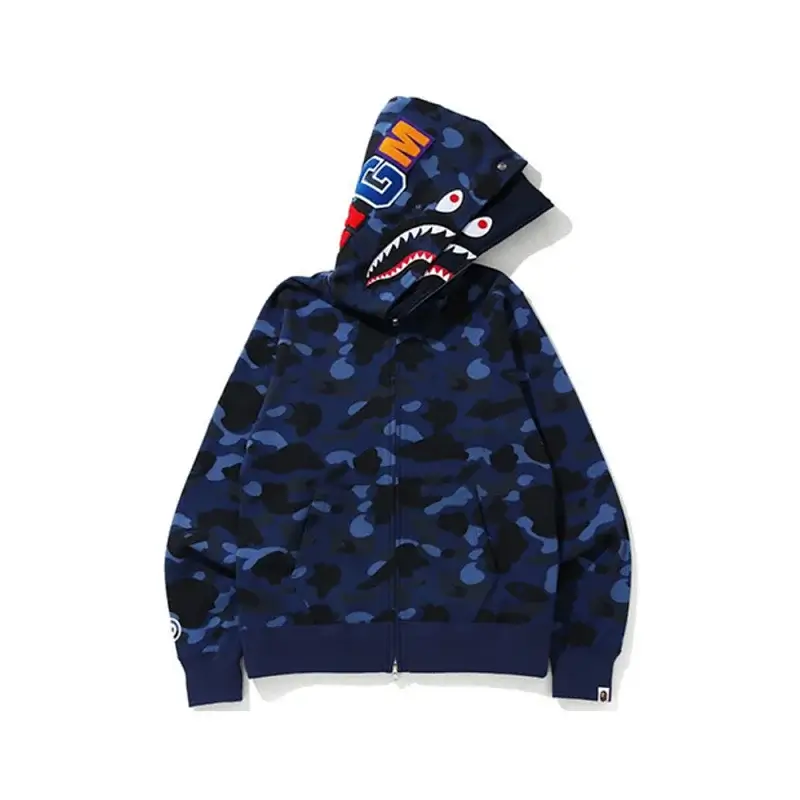 BAPE Navy Blue Camouflage Shark Mouth Hooded Zip - Up Sweatshirt