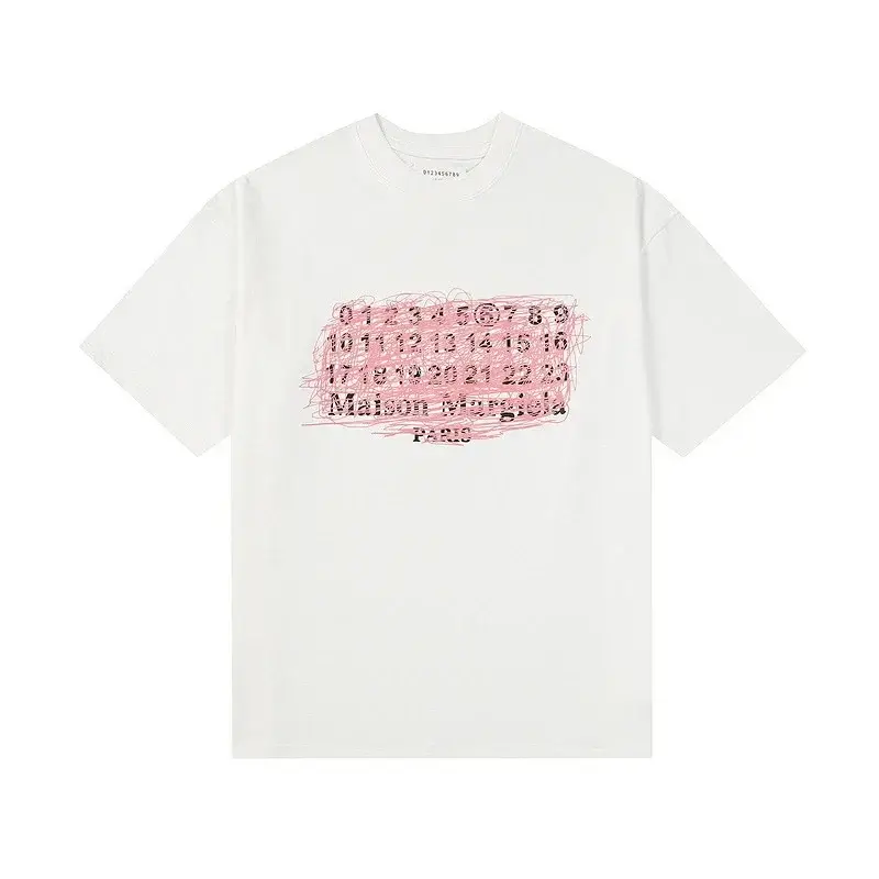 Maison Margiela White Short - Sleeve T - Shirt with Front Pink Scribble - Style Number & Brand Text Print