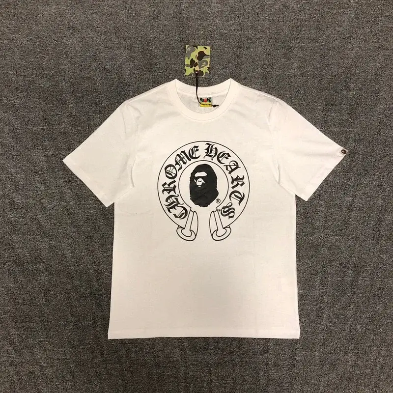 BAPE White Short - Sleeve T - Shirt with Ape Head & Chrome Hearts - Style Horseshoe Graphic