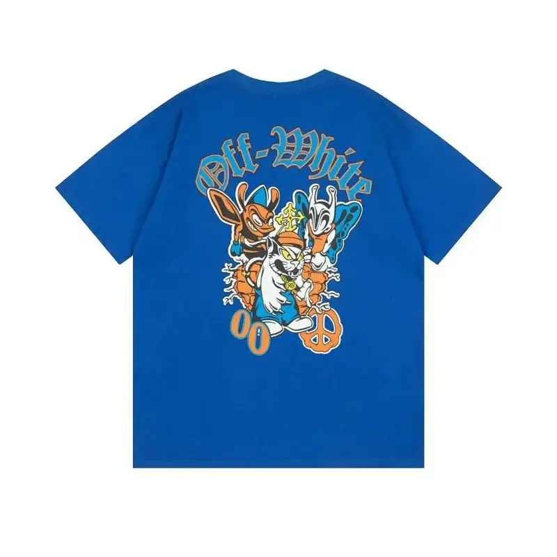 Off-White Blue Oversized Short - Sleeve T - Shirt with Back Cartoon Graphic