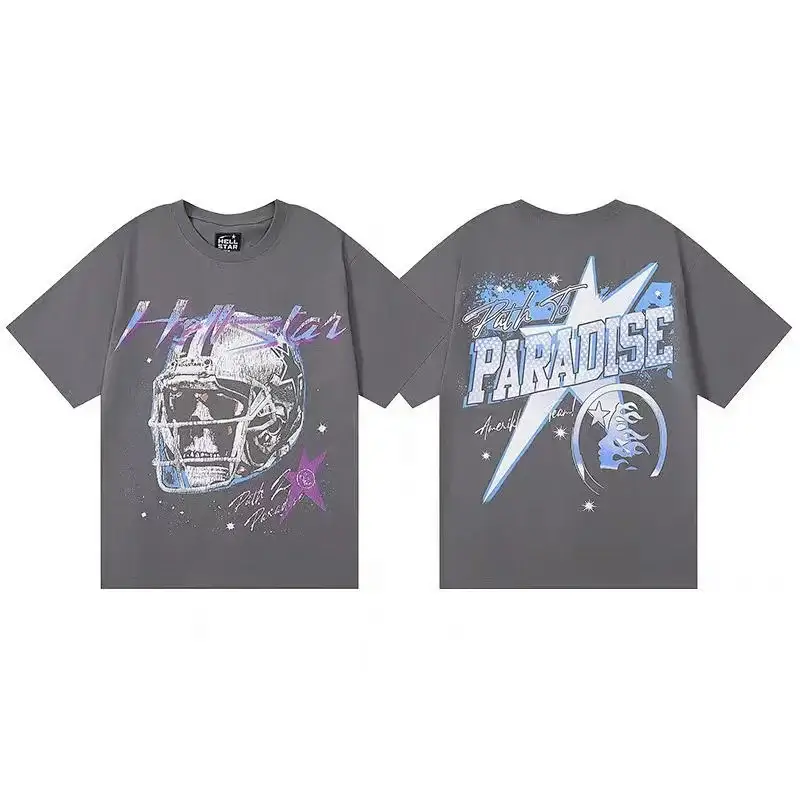 HELLSTAR Dark Gray Skull Football Helmet & Path To Paradise Graphic T - Shirt
