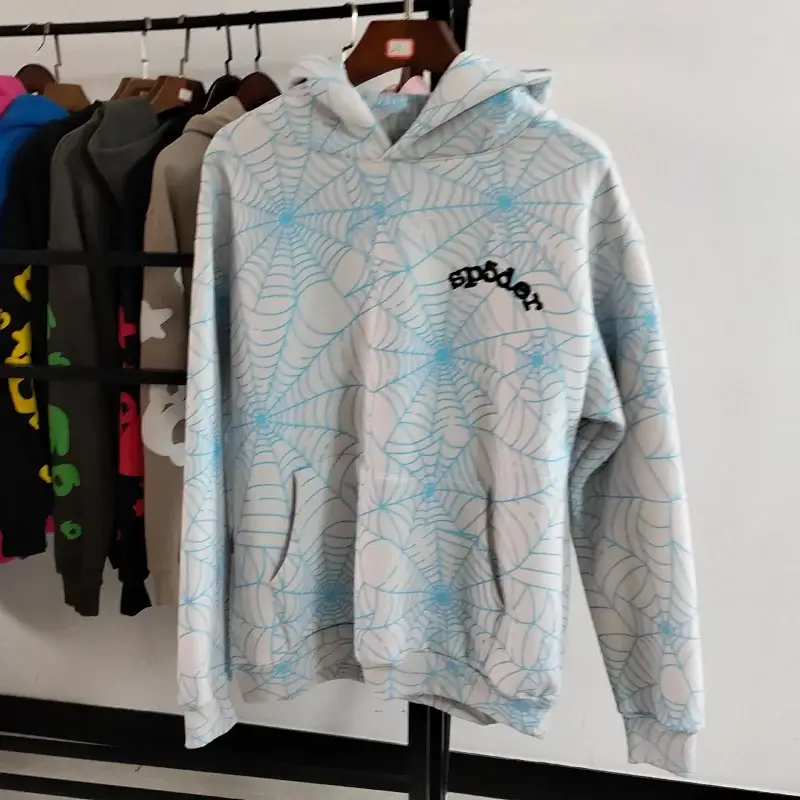Sp5der Light Gray Hoodie with Blue Spider Web Pattern