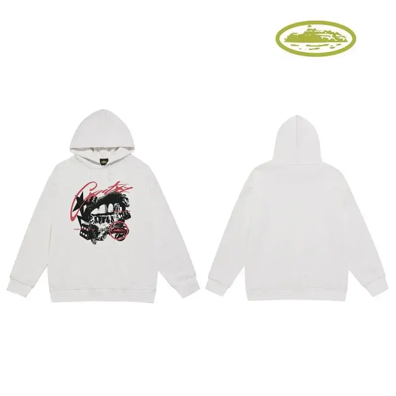 Corteiz White Graphic Hoodie with Mouth & Symbol Design