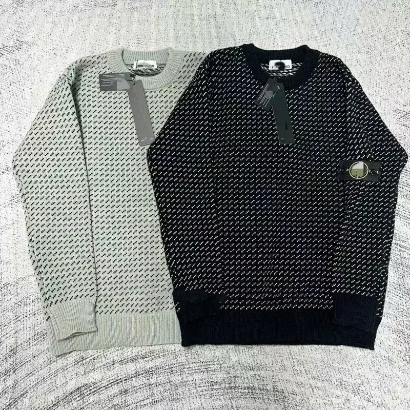 Stone Island Light Gray & Black Jacquard Pattern Crew Neck Knitted Sweaters