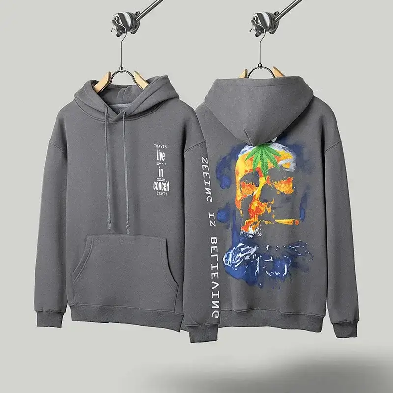 Travis Scott Skull & Cannabis Leaf Gray Hoodie