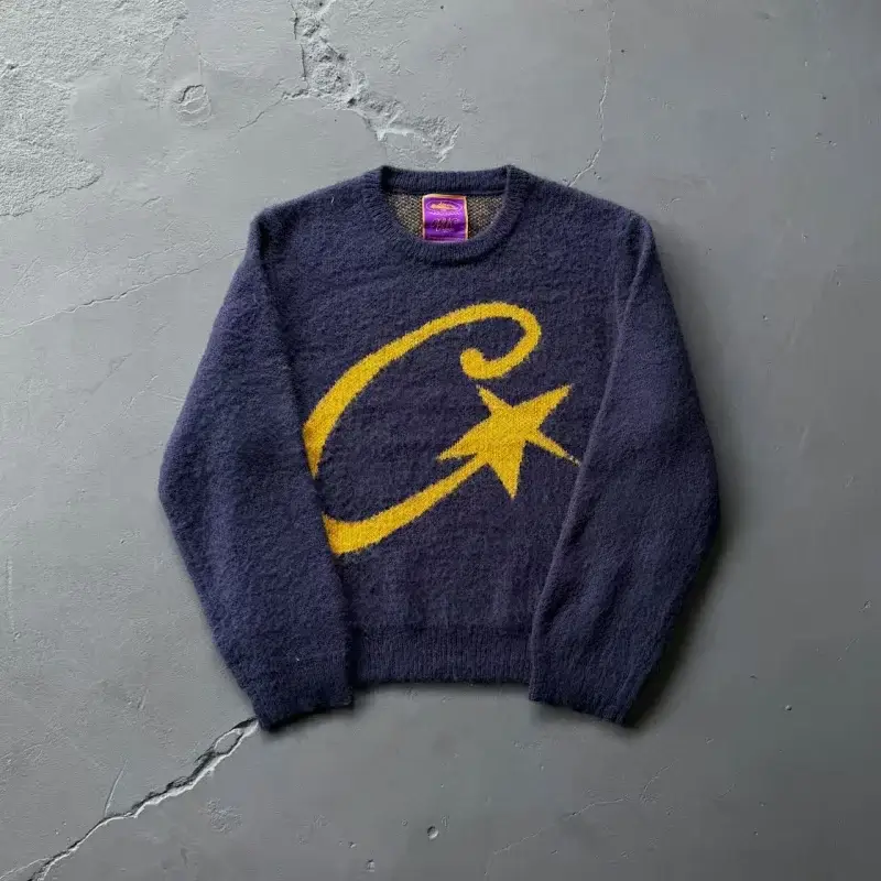 Corteiz Navy Fuzzy Knitted Sweater With Yellow Star & C Logo