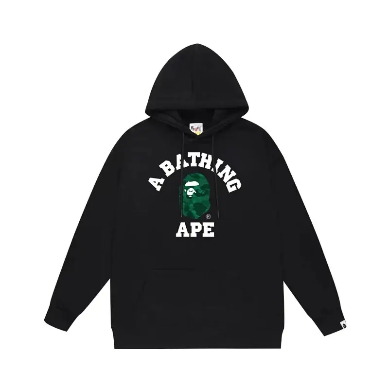 A BATHING APE Black Hoodie with Green Camo Ape Head Logo