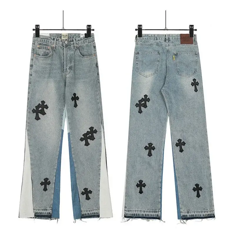 CALIBER DEEP Light Blue Denim Jeans with Black Cross Embroidery, Paneled Design & Frayed Hem