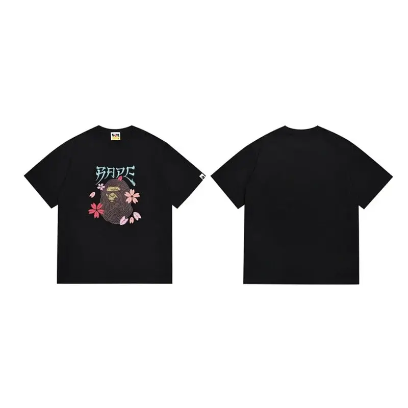 BAPE Black Short Sleeve T - Shirt with Ape Head & Sakura Pattern