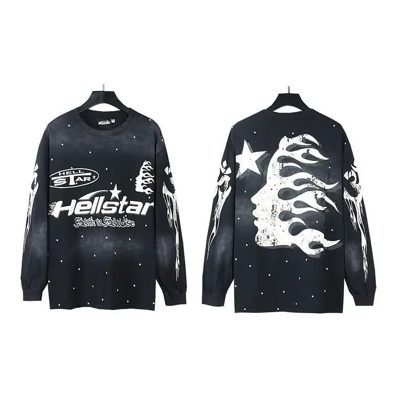 HELLSTAR Black Long - Sleeve T - Shirt with Flame Face, Star, Text & Dotted Pattern