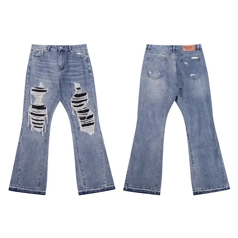 GALLERY DEPT Light Blue Distressed Flared Jeans with Striped Patches
