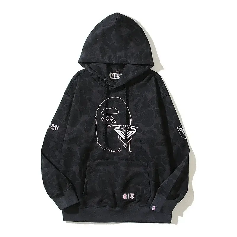 BAPE Black Camouflage Ape Head Graphic Hooded Sweatshirt with Front Pocket & Sleeve Patches