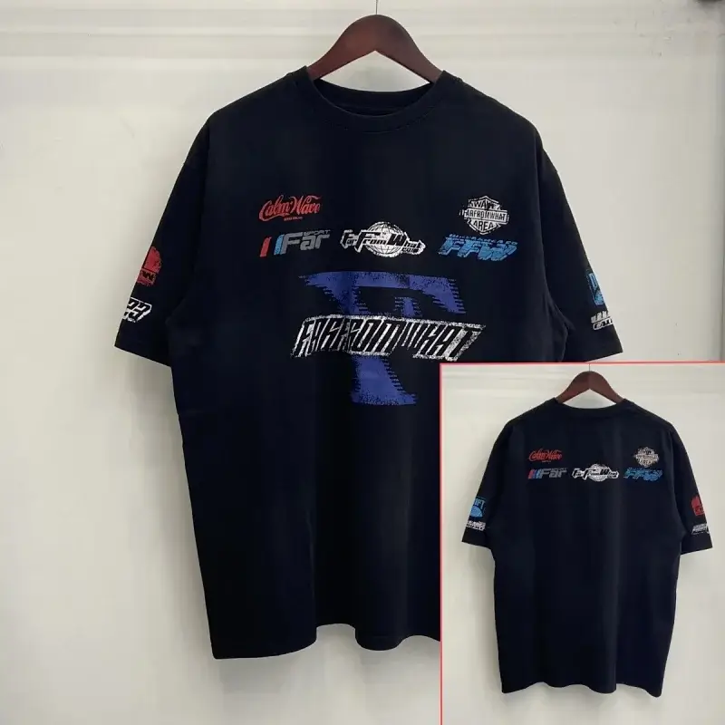 CalmWave Black Oversized T - Shirt with Retro Racing - Style Multi - Logo Prints