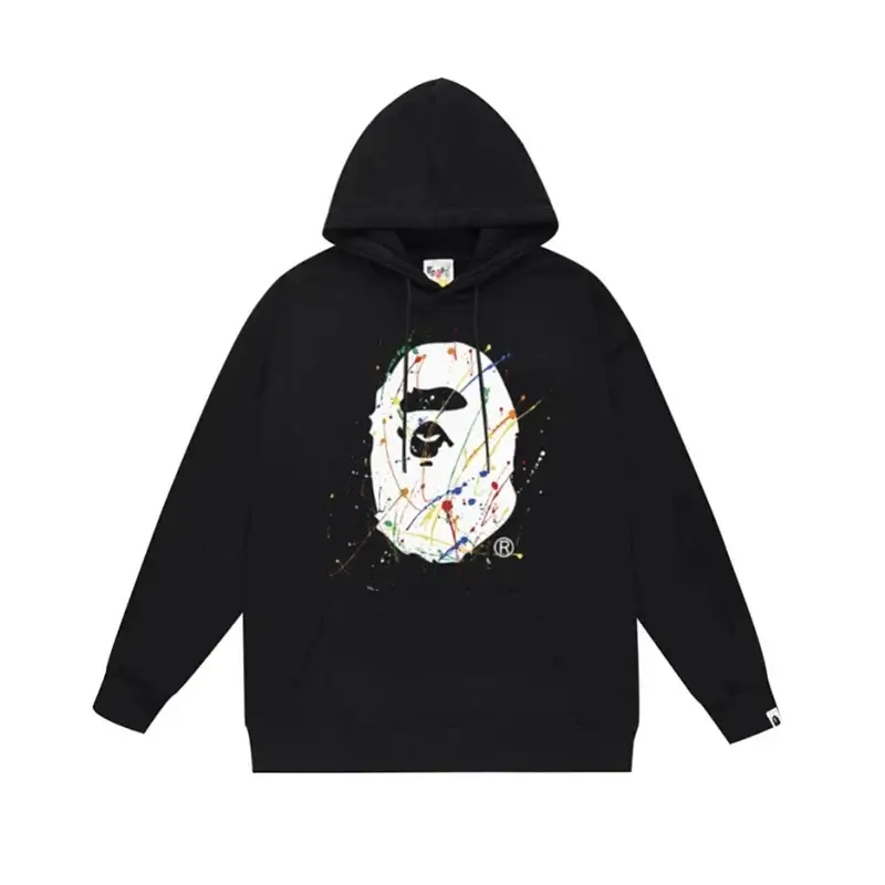 BAPE Black Hoodie with Splatter Paint Ape Head Graphic