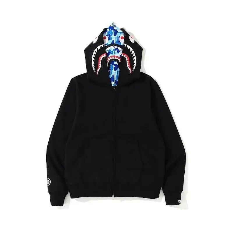 BAPE Black Shark Head Hooded Zip - Up Sweatshirt (Blue Camo Lining, Shark Mouth Graphic, Pockets, Sleeve Logo)