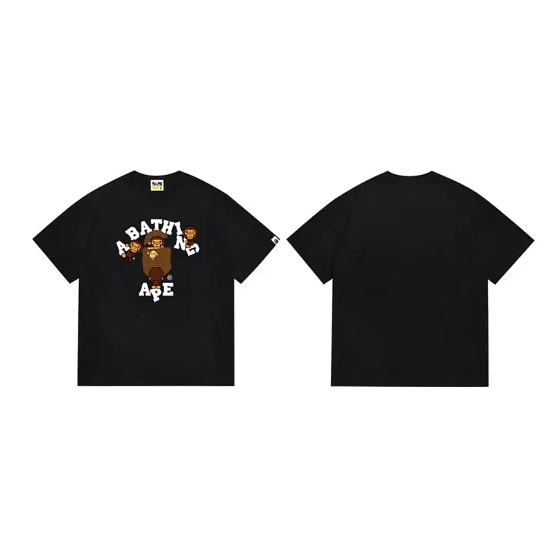 A BATHING APE Black T - Shirt with Cartoon Ape & Brand Letter Print