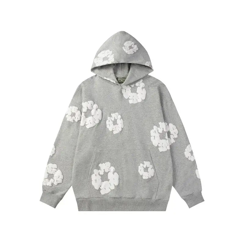 DENIM TEARS Gray Hoodie with White Floral Patterns